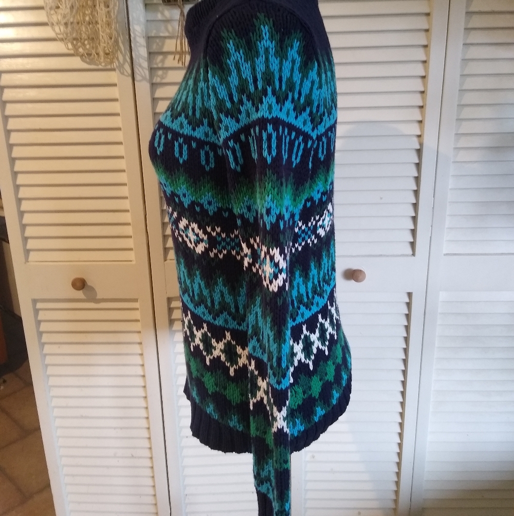 Talbots Petite Knit Sweater Navy Blue Green Patterned Cotton Blend Pullover. - Picture 4 of 7